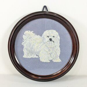 Finished and framed needlepoint / cross stitch art Maltese dog portrait